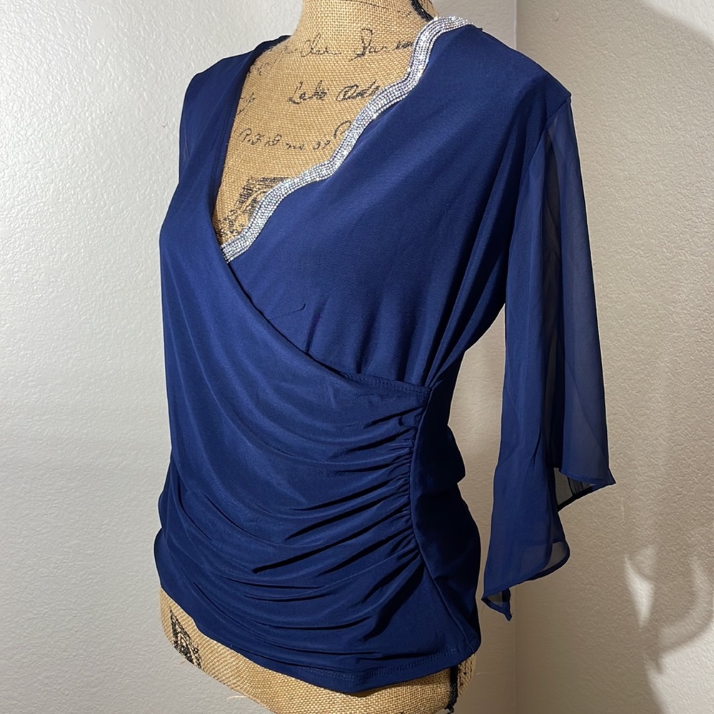 COPY- MSK Embellished Chiffon Sleeve Top Rhinestone Faux Wrap Surplice Blouse - Picture 5 of 17